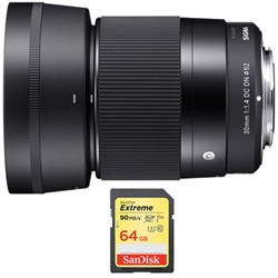 Sigma 30mm F1.4 DC DN Lens for Sony E Mount Bundle with 64GB